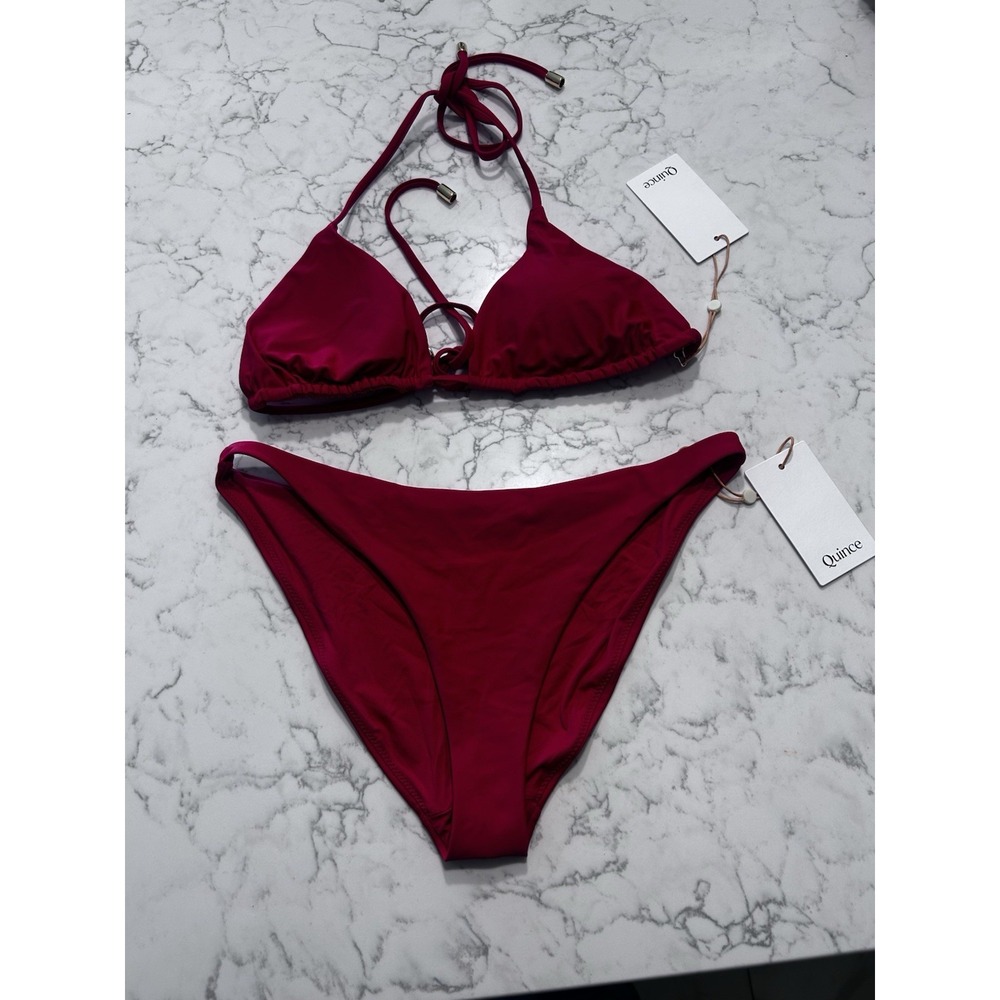 NWT Quince Cherry Red Italian Triangle Bikini Top & Low Rise Bottom Set Small